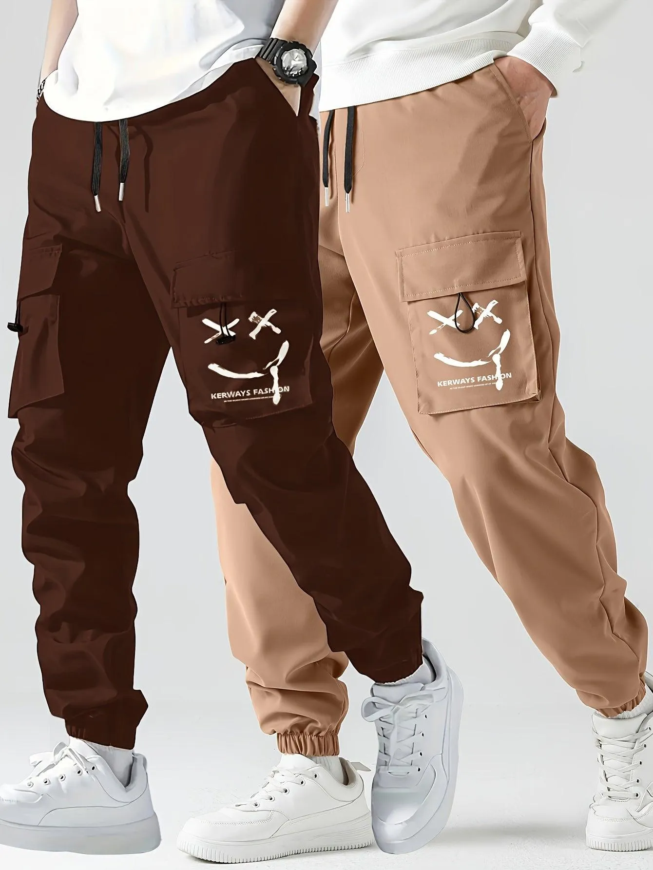 2 Pcs Smiling Face Cargo Joggers Stylish Functional Bottoms for Men