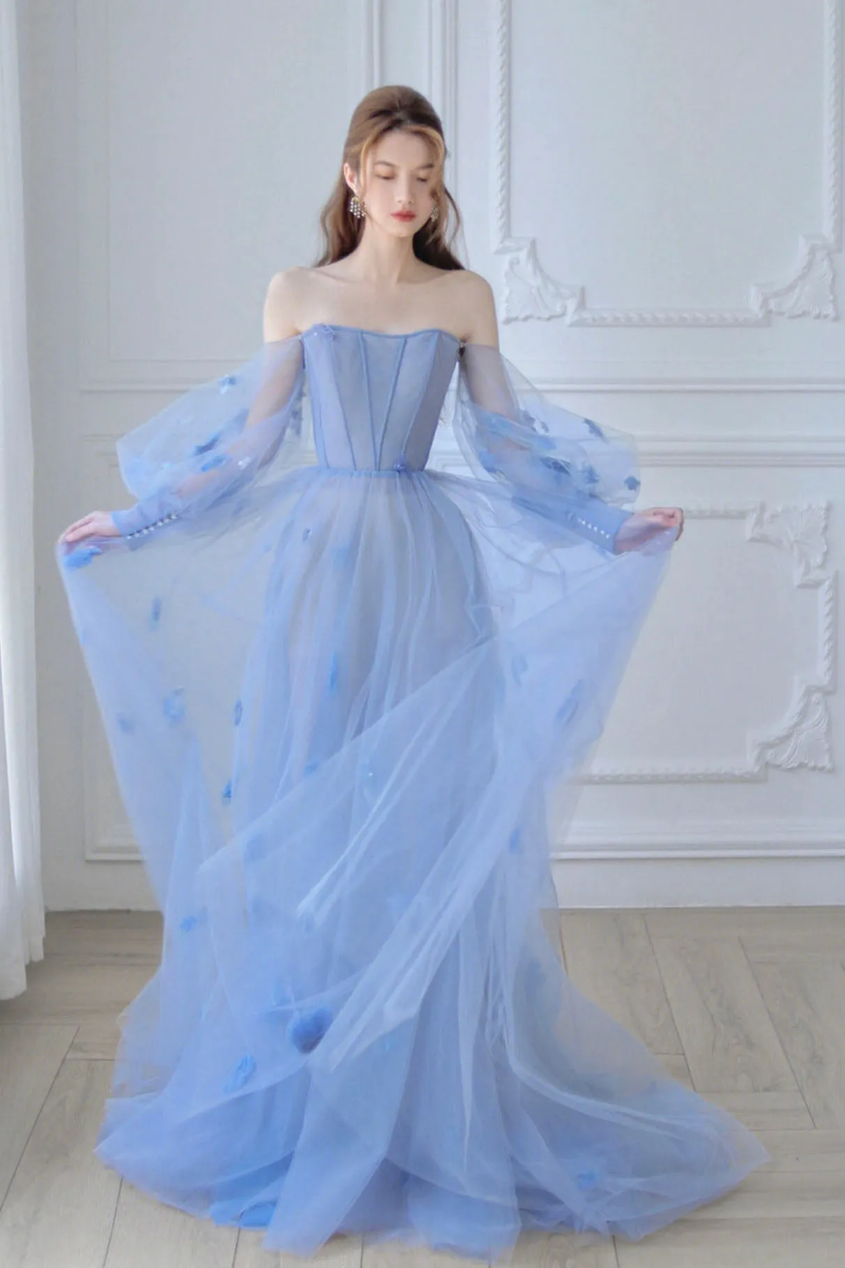 Blue Off the Shoulder Tulle Floor Length Prom Dress, Long Sleeve Blue Evening Dress