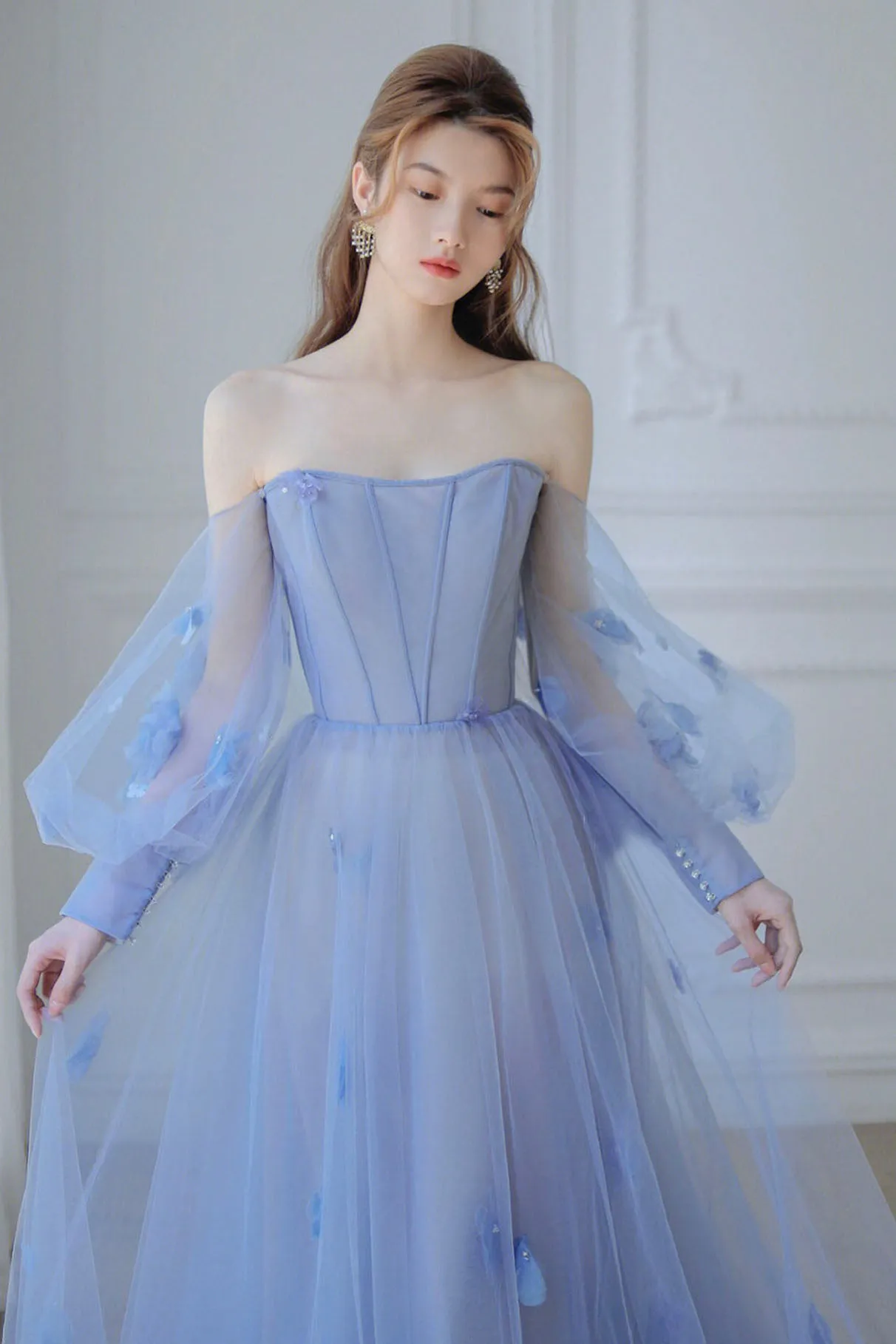 Blue Off the Shoulder Tulle Floor Length Prom Dress, Long Sleeve Blue Evening Dress