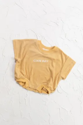 cinnamon baby terry t-shirt romper - mustard
