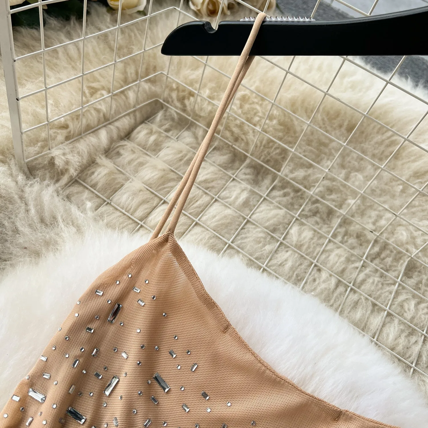 Draped Neckline Rhinestone Studded Slip Dress