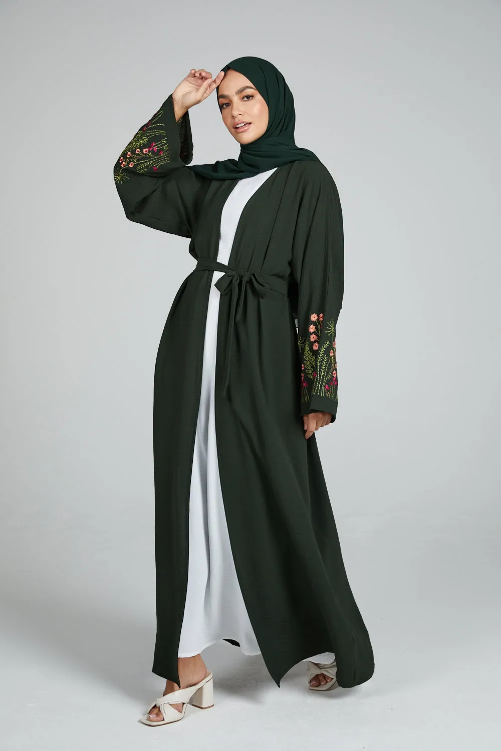 Junior Girls Blooming Embroidered Four Piece Open Abaya Set - Forest Green