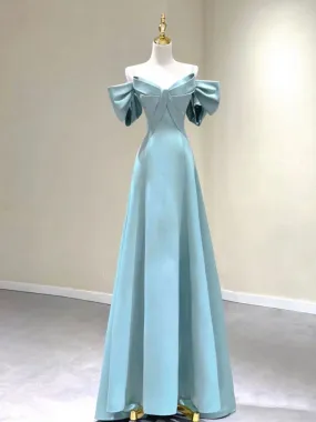 Light Blue Satin Spaghetti Strap Off The Shoulder Prom Dress