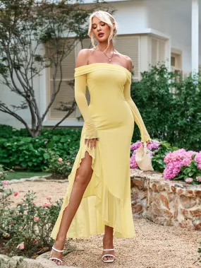 Off Shoulder Cut Out Asymmetrical Ruffle Hem Dress