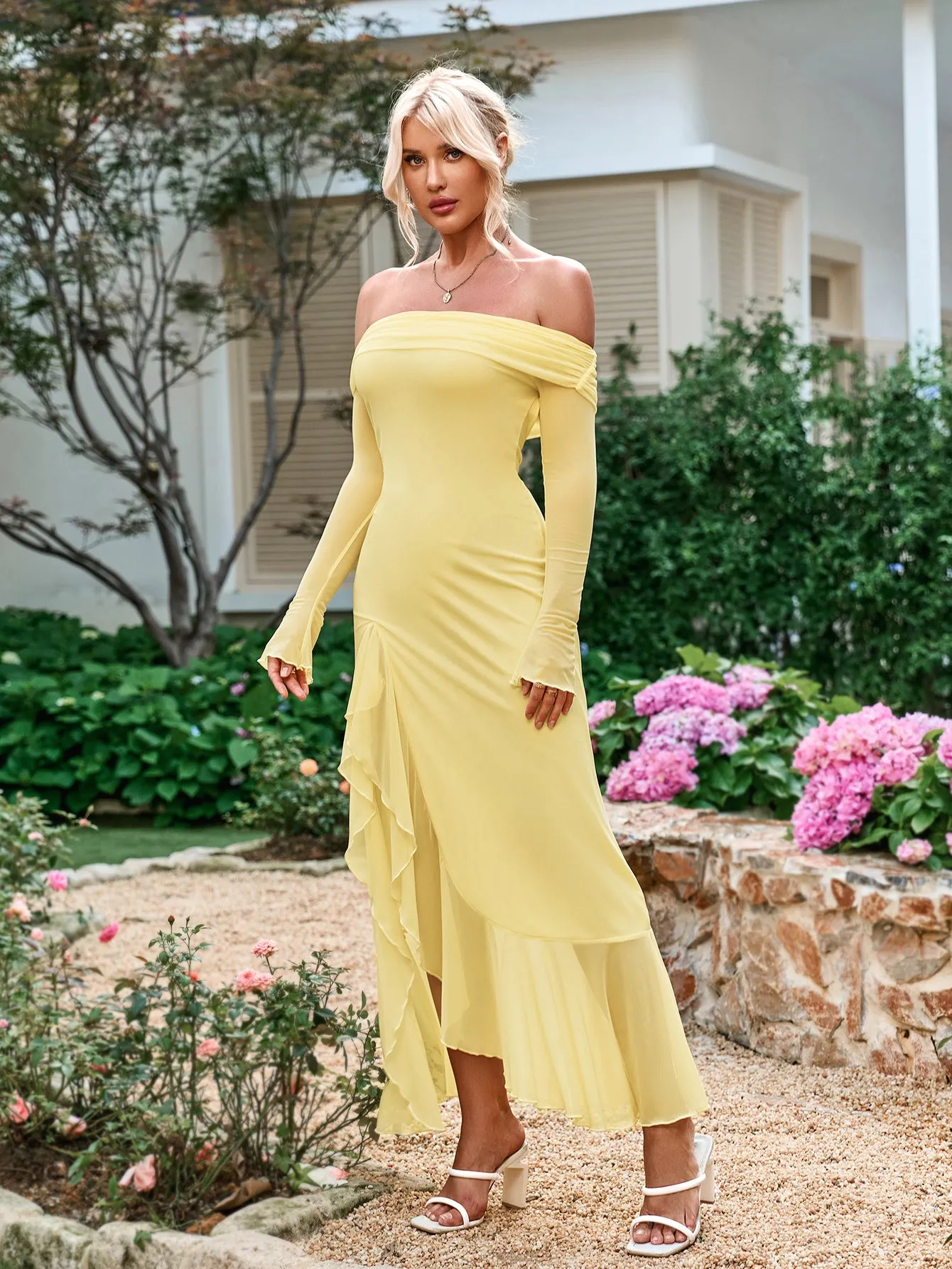 Off Shoulder Cut Out Asymmetrical Ruffle Hem Dress