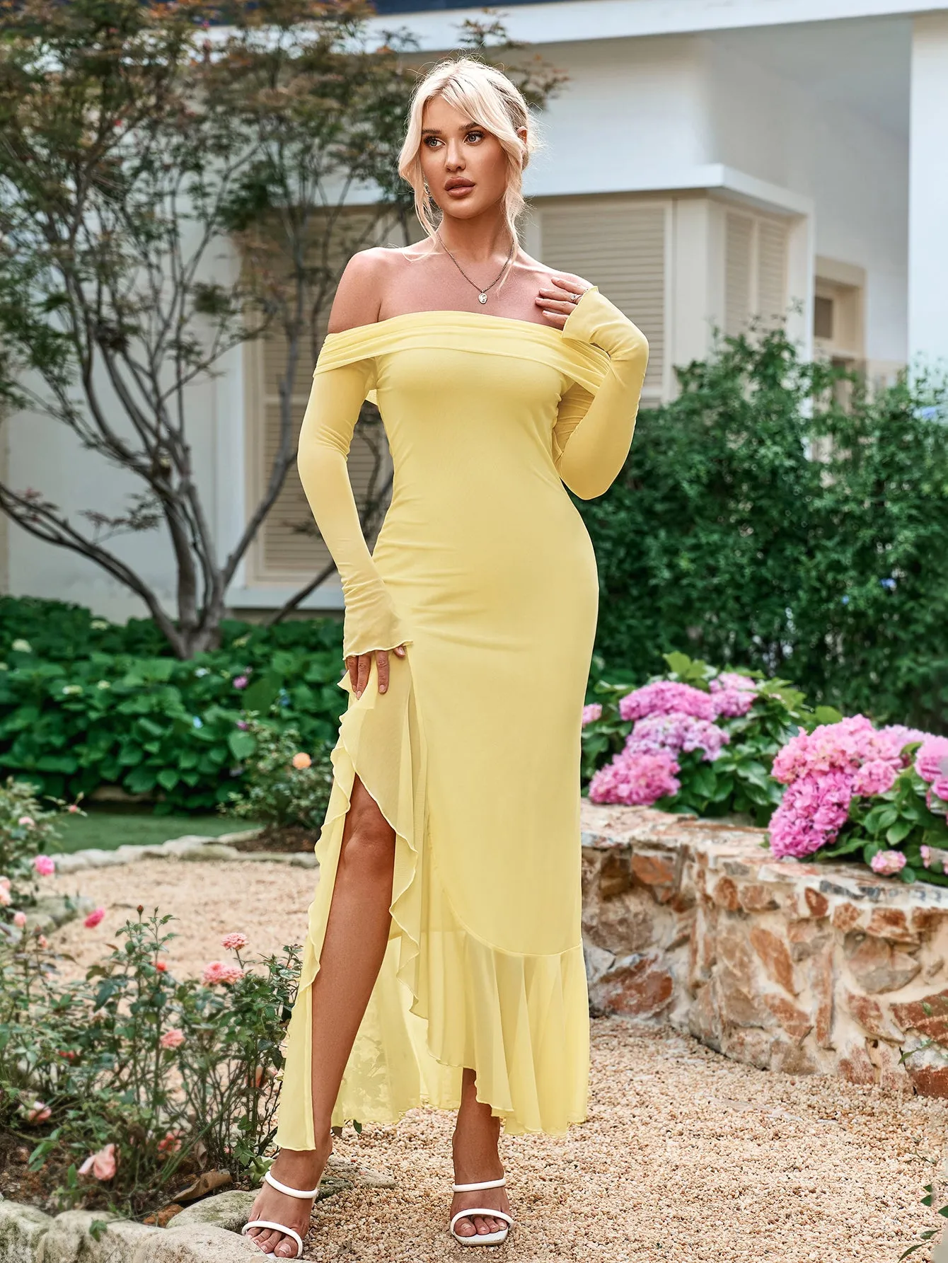 Off Shoulder Cut Out Asymmetrical Ruffle Hem Dress