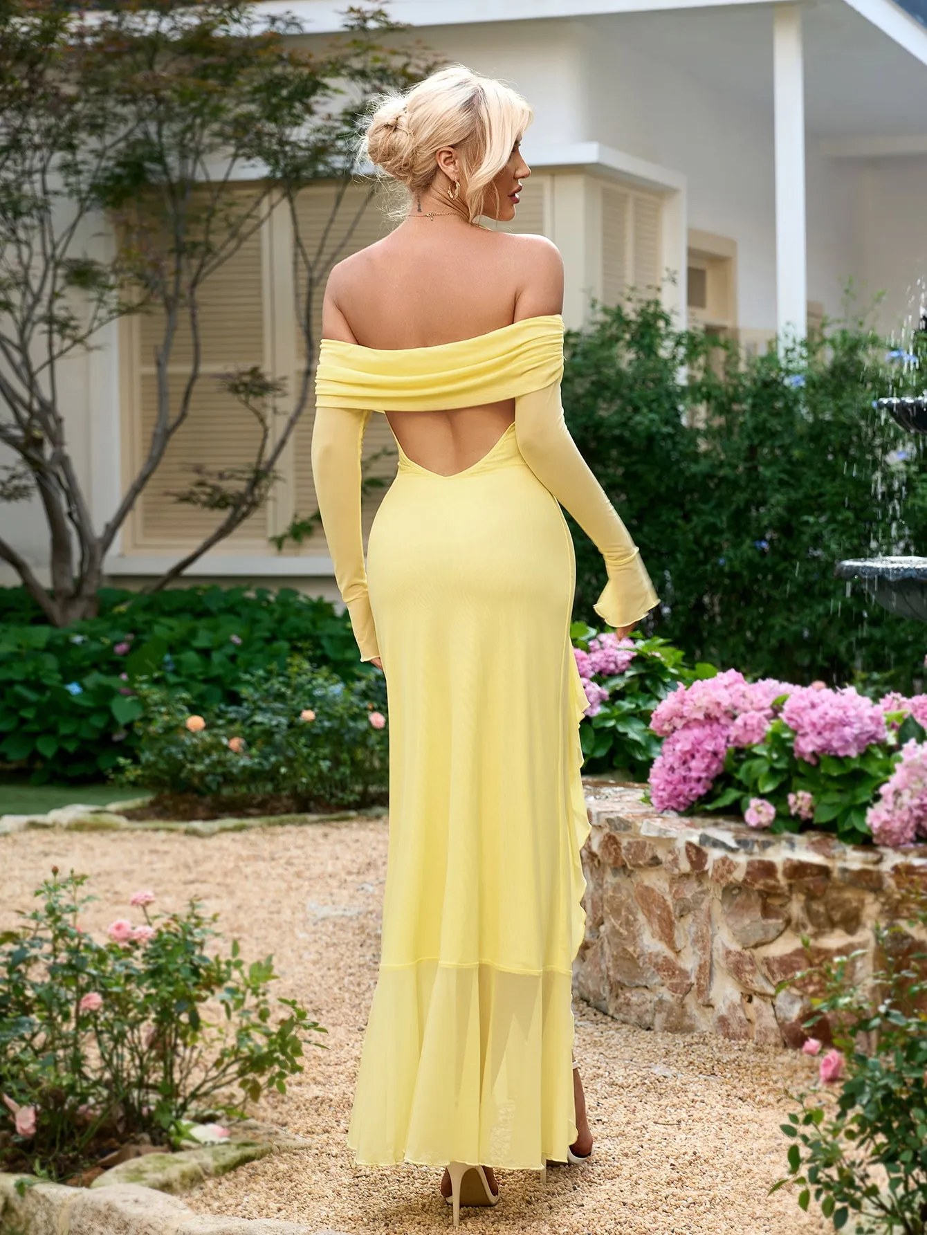 Off Shoulder Cut Out Asymmetrical Ruffle Hem Dress