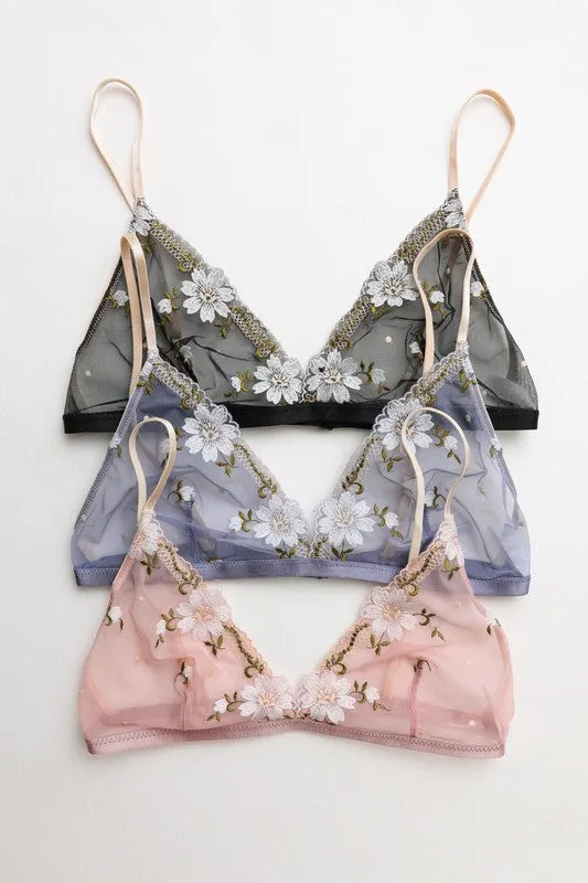 Periwinkle Pink Black Mesh Flower Embroidered Sheer Mesh Bralette