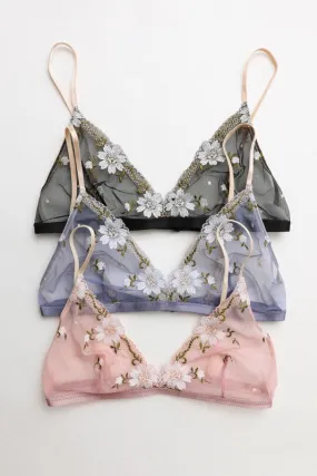 Periwinkle Pink Black Mesh Flower Embroidered Sheer Mesh Bralette