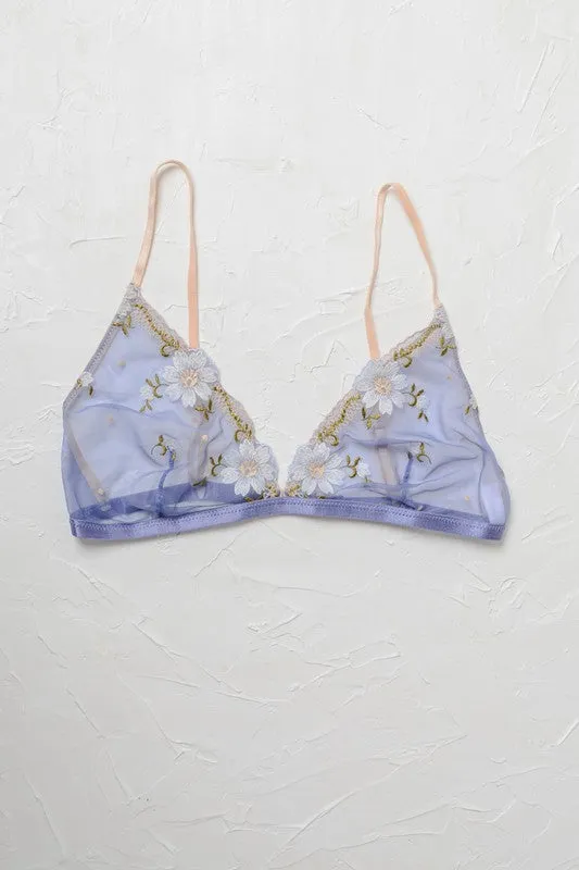Periwinkle Pink Black Mesh Flower Embroidered Sheer Mesh Bralette