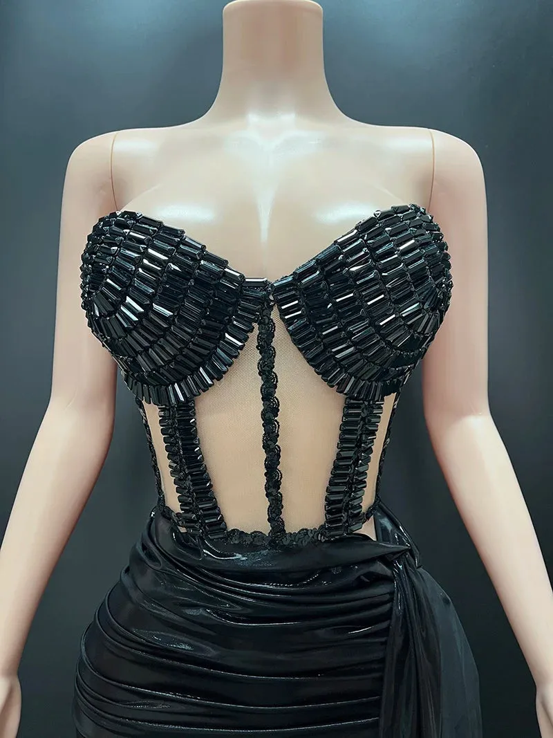Trend4us Women’s Beaded Black Crystal Performance Dance Dress