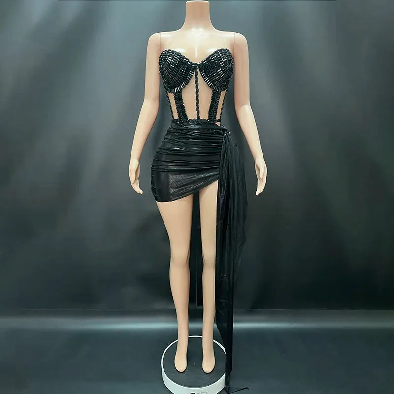 Trend4us Women’s Beaded Black Crystal Performance Dance Dress