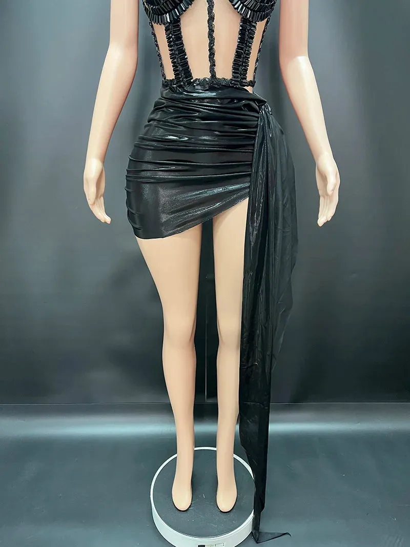 Trend4us Women’s Beaded Black Crystal Performance Dance Dress
