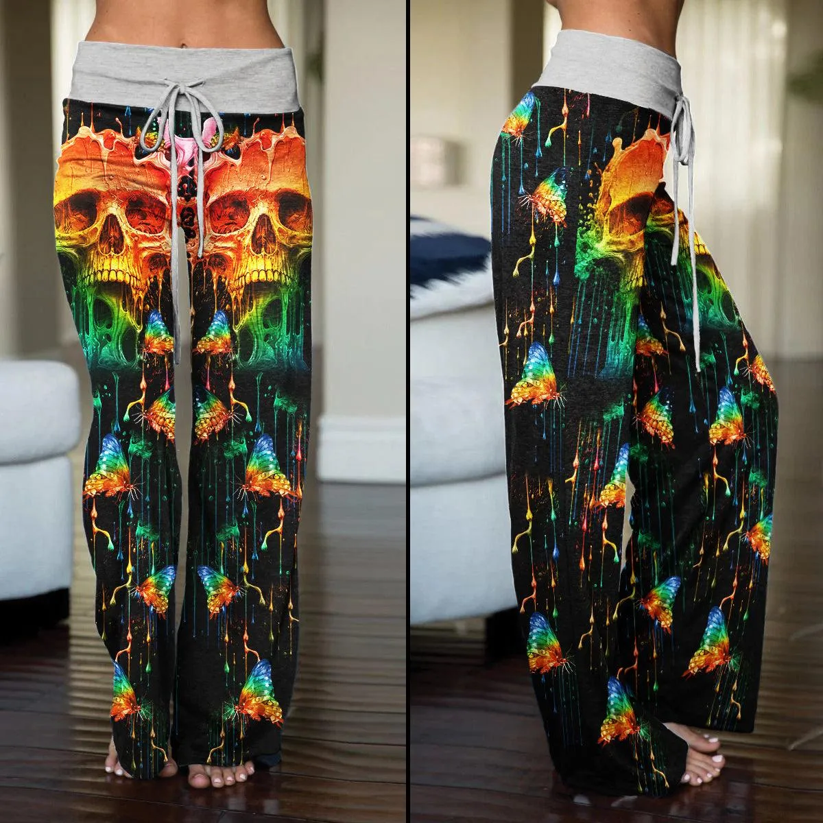 Water Color Skull Butterfly High-waisted Wide Leg Pants